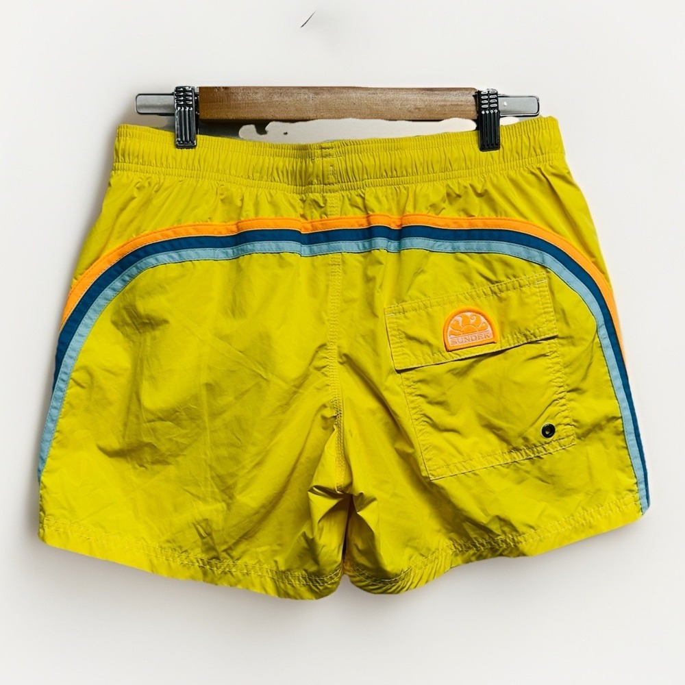 Sundek Swim Trunks Shorts Mens M Rainbow Yellow Lined Drawstring Beach Vacation